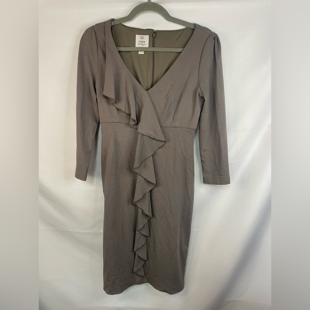 Suzi Chin & Maggy Boutique fitted dress with dramatic ruffle down the front.